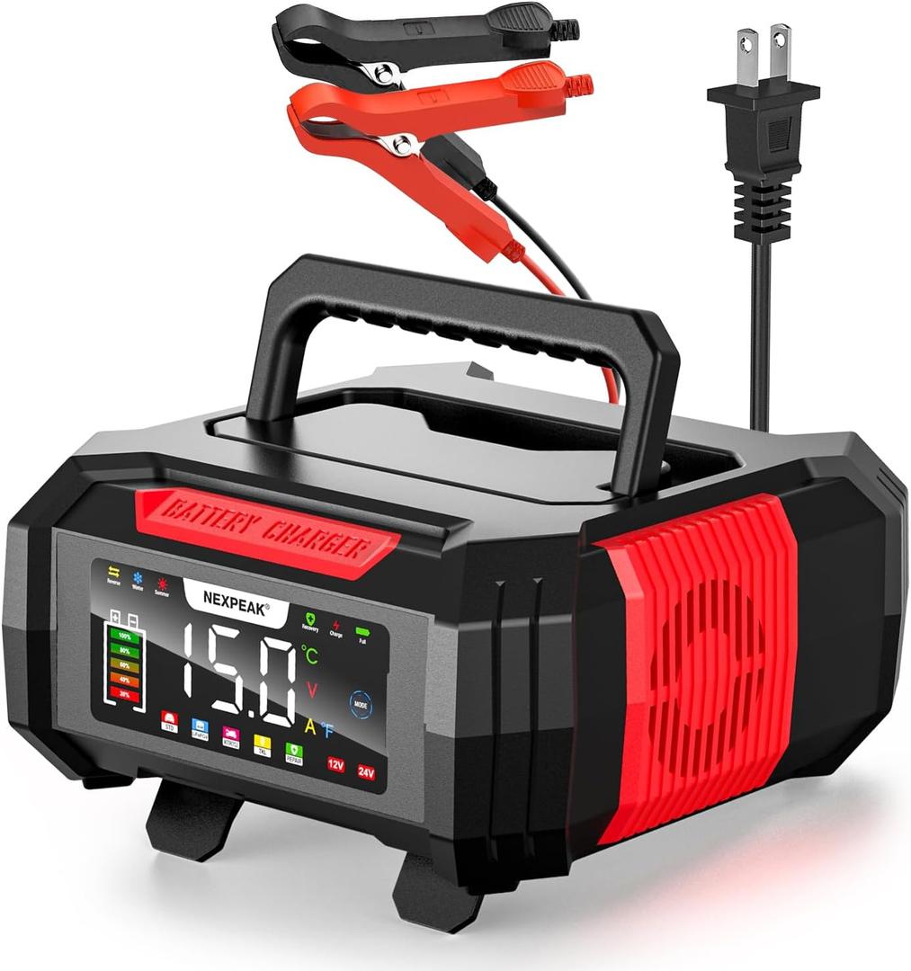 NEXPEAK 15A Battery Charger, Trickle Charger 12V/24V Car Battery Charger 9-Stage Smart LiFePO4 Charger Battery Maintainer w/Overcharge Protection Pulse Repair for Car Truck Motorcycle Lawn Mower