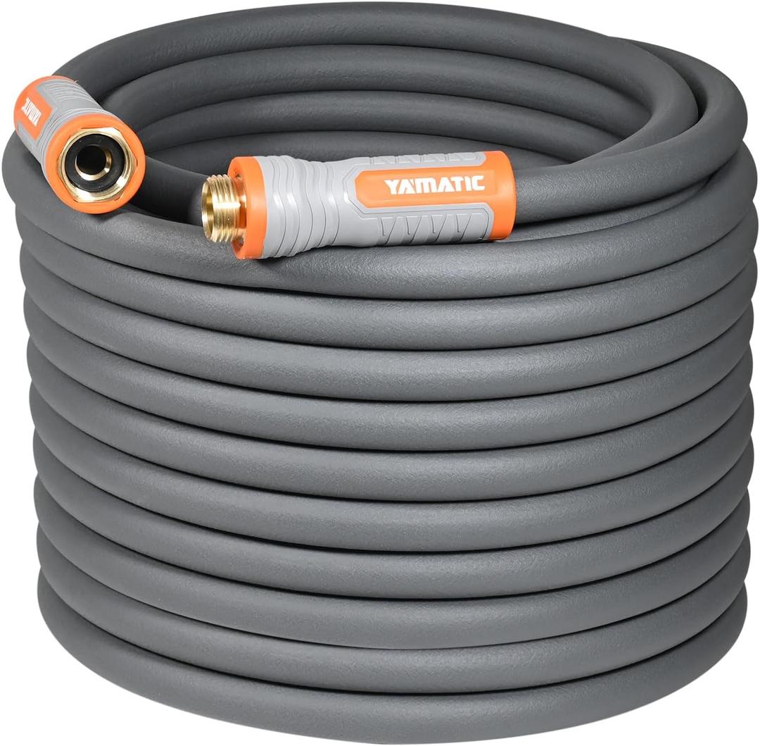 YAMATIC Heavy Duty Garden Hose 5/8 in x 100 ft with Swivel Handle, Super Flexible Water Hose, All-weather, Kink Resistant, Burst 600 PSI, Gray