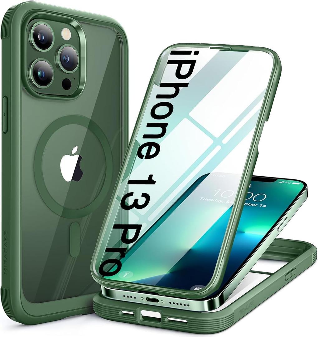 Miracase Magnetic Glass for iPhone 13 Pro Case,Compatible with MagSafe,Full-Body Bumper with Shockproof Military-Grade,Built-in 9H Tempered Glass Screen Protector for iPhone 13 Pro,Acacia Green