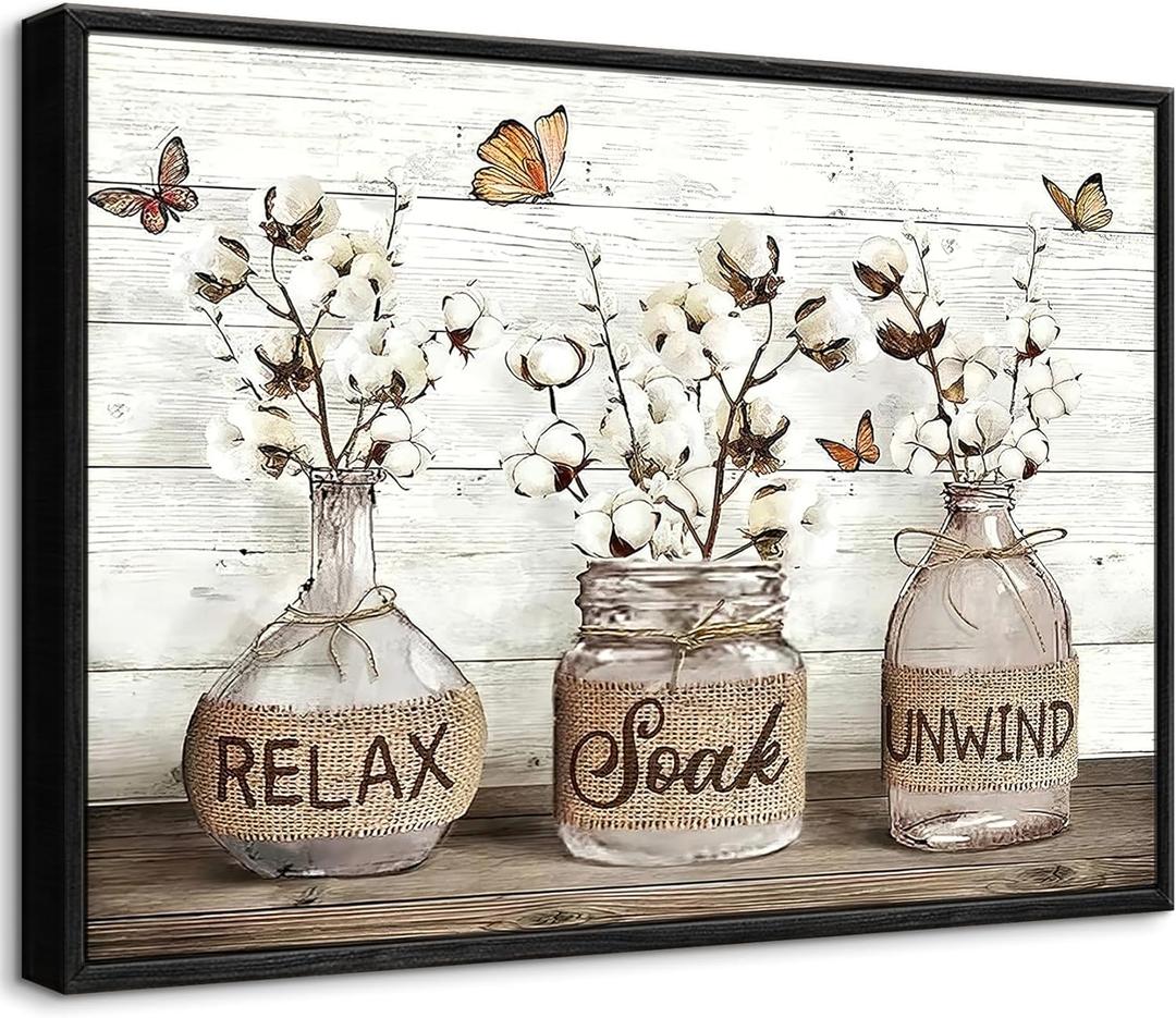 Black Framed Farmhouse Bathroom Wall Art - Rustic Cotton Flower Vase Relax Soak Unwind Canvas Prints, Butterfly Floral Wall Decor for Bathroom Laundry Room, 16x24 Inch