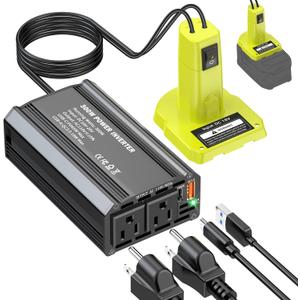 300W Power Inverter Compatible with Ryobi 18V Battery - DC 18V to AC 110V Battery Converter, Portable Power Station with PD 65W Type-C Fast Charging & 2 AC Outlet & 1 USB-A 18W Max