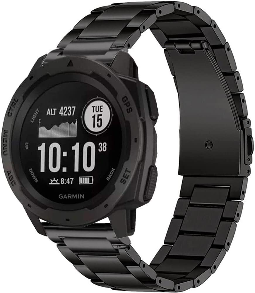 Metal Band for Garmin Instinct 1/2 Solar Watch Bands, Instinct 3 45mm Solid Stainless Steel Replacement Wristband Strap Men for Garmin Instinct Tactical/Tide/Esports/Solar, Instinct2 (Black)