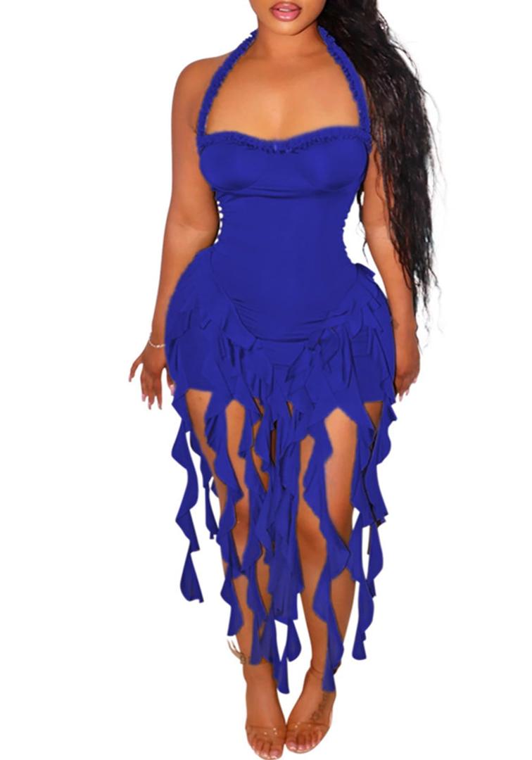 Vakkest Women Summer Halter Neck Dress Sexy Asymmetrical Ruffle Fringe Bodycon Party Birthday Short Mini Dresses XXL