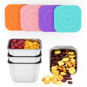 Set of 4 Stainless Steel Snack Containers for Kids and Toddler;Snackle Box Container;Leak Proof Stackable Small Metal Food Containers with Silicone Lids