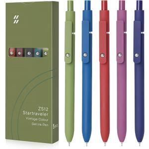 FIOVER High-End Vintage Gel Pens, 5-Pack 0.5mm Fine Point Black Ink Pens with Soft Grip & Metal Clip, Smooth Writing Retractable Pens for Journaling, Office, Note Taking(Retro color)