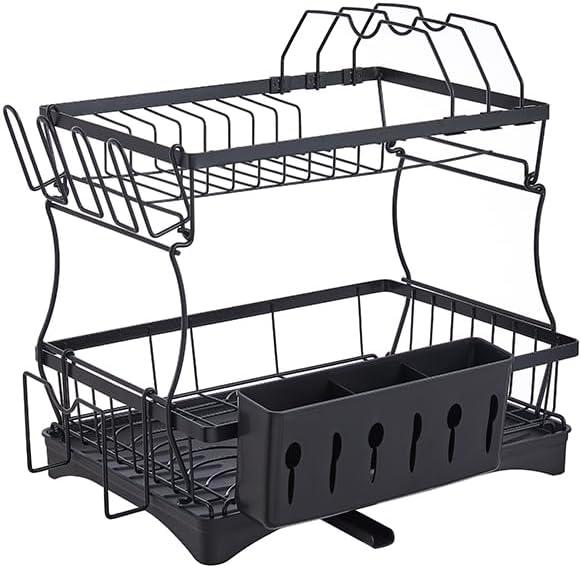 Dish Drying Rack - Kitchen Countertop Double Dish Drainer, Large Dish Drying Rack with Drain Board and Cutlery Rack for Easy Organizing and Storage, Black