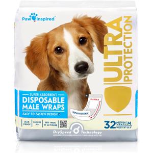 Paw Inspired Male Dog Wraps, Disposable Dog Diapers | Belly Bands for Small, Medium, Large Dogs (32 Count, Size Medium)