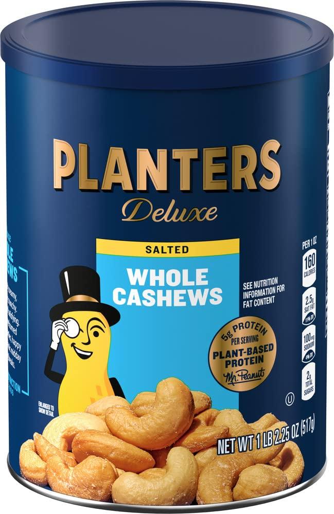 PLANTERS Deluxe Salted Whole Cashews, Party Snacks, Plant-Based Protein, Quick Snack for Adults, After School Snack, Roasted Cashew Flavored with Sea Salt, Bulk Nuts, Kosher, 1 lb 2.25oz Canister (EXP 02/09/28)