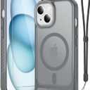 RMOCR for iPhone 15 Case & iPhone 14 Case with Screen Protector+Lanyard Wrist Strap,Magnetic Translucent Matte Rugged Slim Phone Cover Built in Invisible Kickstand [Fit for MagSafe],Grey