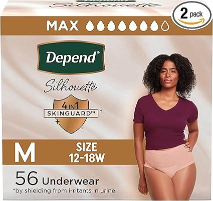 Depend Silhouette Adult Diapers, Incontinence & Postpartum Bladder Leak Underwear for Women, Maximum Absorbency, Medium, Pink, 56 Count (2 Packs of 28), Packaging May Vary
