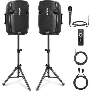 Wireless Portable PA Speaker System - 1800W High Powered Bluetooth Compatible Active + Passive Pair Outdoor Sound Speakers w/ USB SD MP3 AUX - 35mm Mount, 2 Stand, Microphone, Remote - Pyle PPHP1249KT