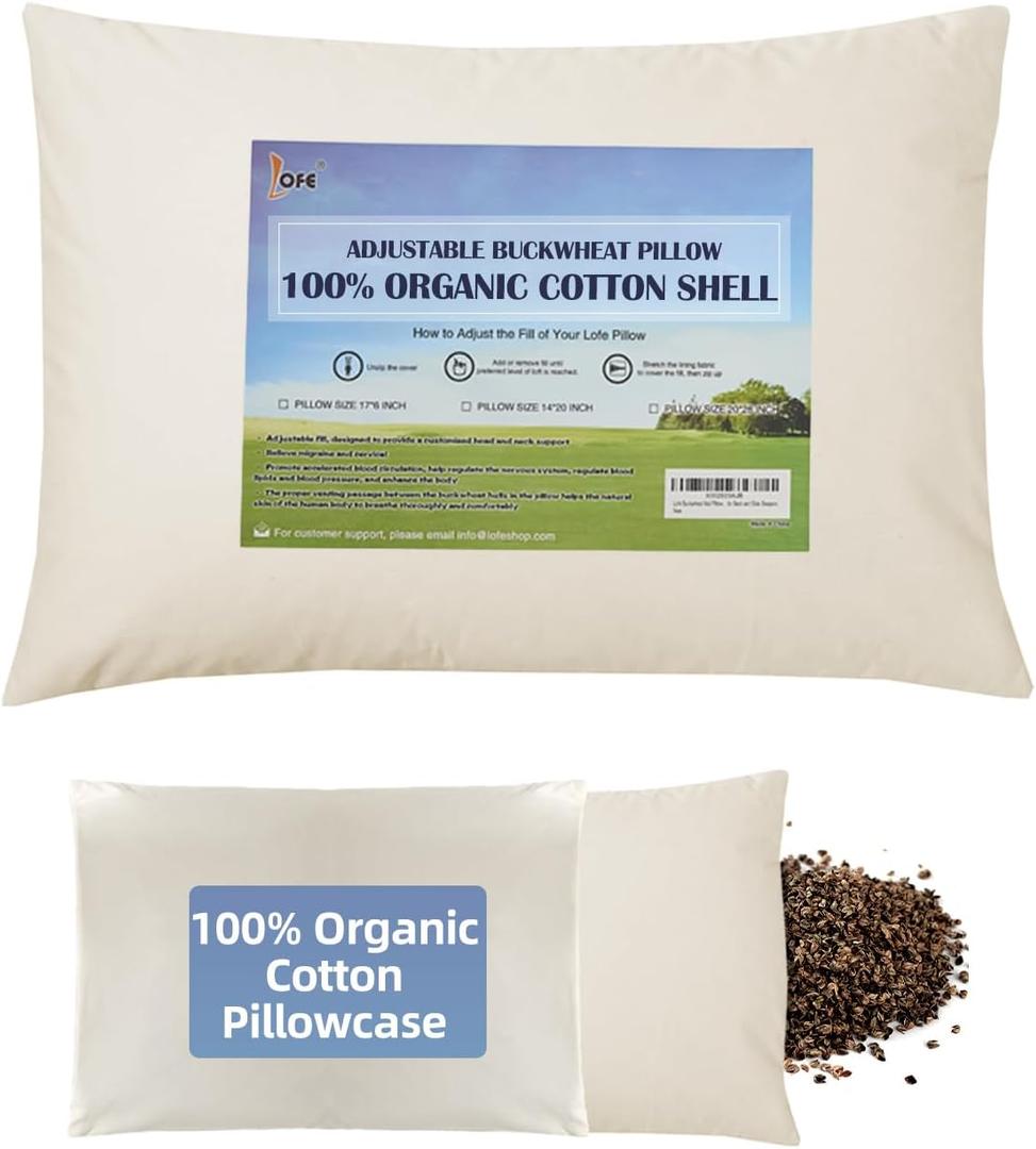 LOFE Organic Buckwheat Pillow for Sleeping with Organic Cotton Pillowcase - 20''x26'' Adjustable Pillow, Breathable for Cool Sleep, Cervical Support for Back and Side Sleeper(Tartary Buckwheat Hulls)