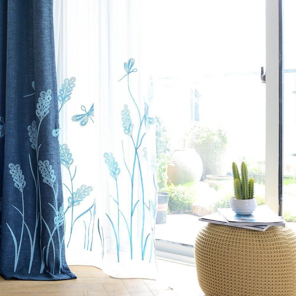 Melodieux Wheat Embroidery Sheer Curtain Extra Wide for Living Room Patio Door, Farmhouse Floral Patterned Rod Pocket Voile Drape, Blue Wheat/White Sheer, 100" W x 96" L, 1 Panel
