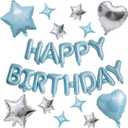 Light Blue and Silver Happy Birthday Party Decorations, 16 Inch Happy Birthday Balloons Banner for Men, Heart Star Foil Balloons