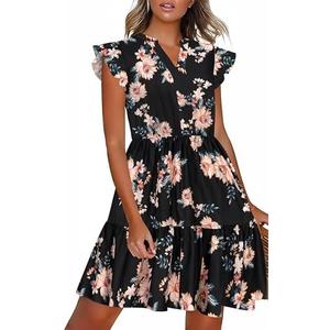 HOTOUCH Women Printed Dress for Summer Short Ruffle Sleeve Dress Tiered Mini Dress with Pockets Size S