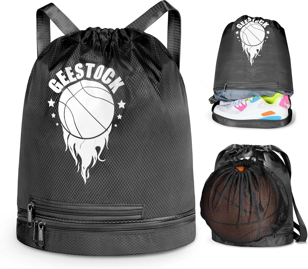 Geestock Drawstring Backpack Gym Bags Swim Bag with Shoes Compartment and Wet Pocket, with Single Mesh Ball Bag for Soccer, Basketball, Volleyball, String Backpack Beach Bags for Sport, Gym, Black