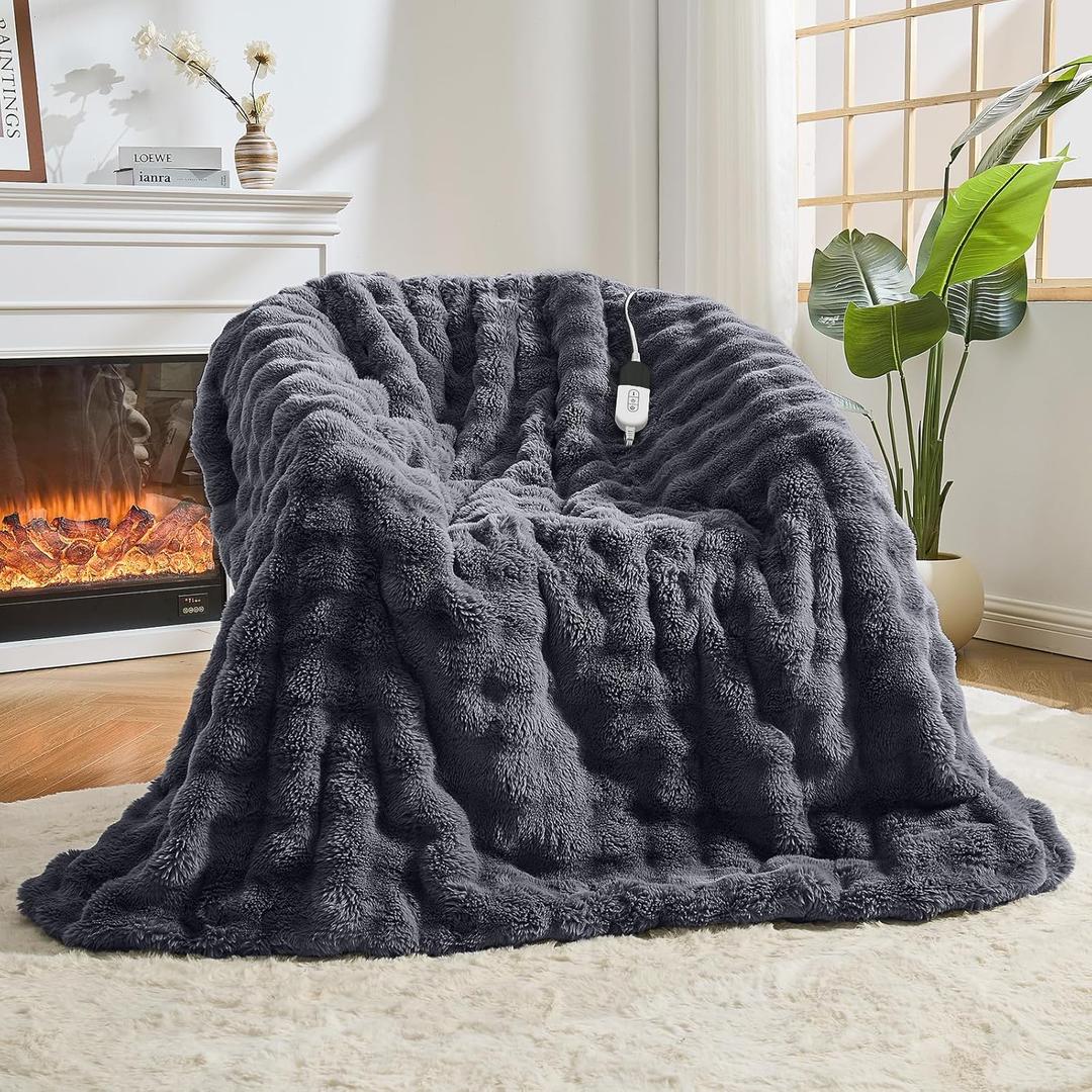 Heated Blanket Electric Throw Blanket 50''X 60''-Heating Blanket with 6 Heat Settings-4 Hours Auto Off,Cozy Faux Rabbit Fur Bubble Electric Blanket,Dark Gray