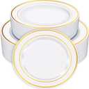 Zcaukya 100PCS Gold Plastic Plates, Disposable Plastic Dishes with Gold Rim in Bulk, 50 Pcs Each 10.25 Inch and 7.5 Inch for Dinner, Birthday and Wedding