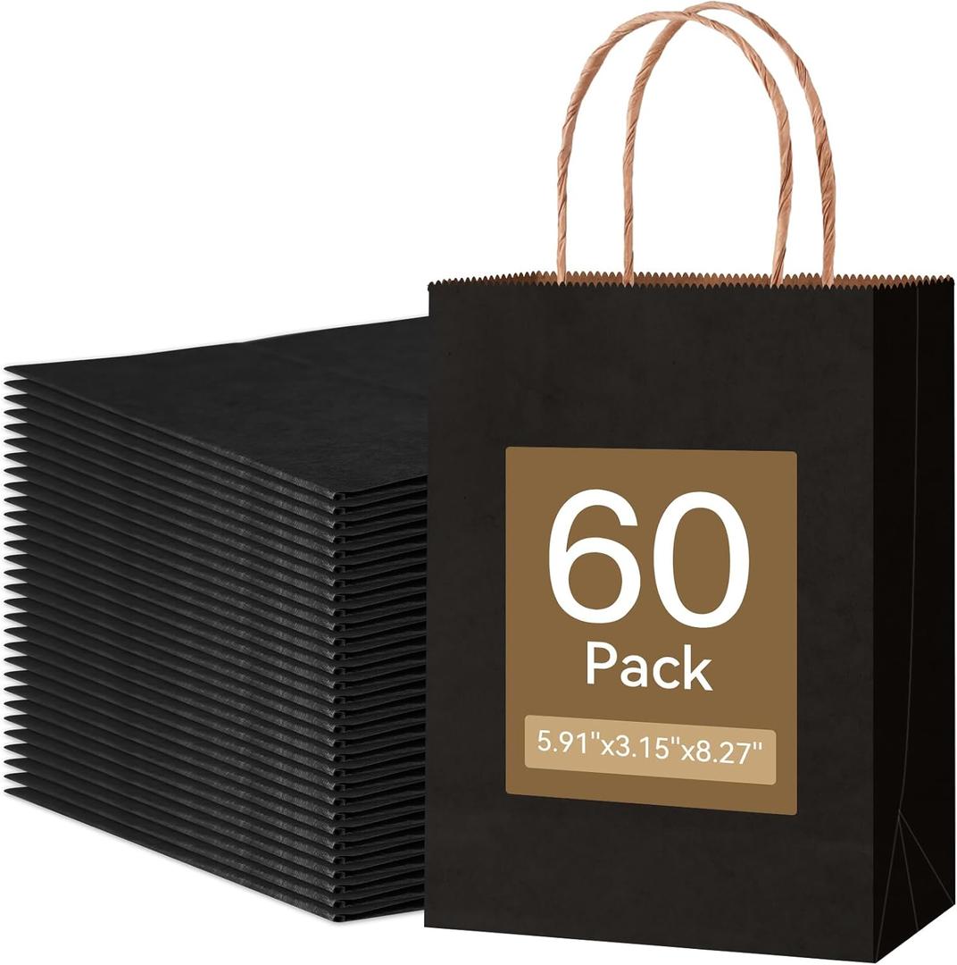 Qioxiou 60 Pack Black Gift Bags 5.91x3.15x8.27 Small Kraft Paper Gift Bags with Handles Bulk, Black Paper Sacks for Small Business, Retail, Shopping, Merchandise, Grocery, Wedding Birthday Party Favor