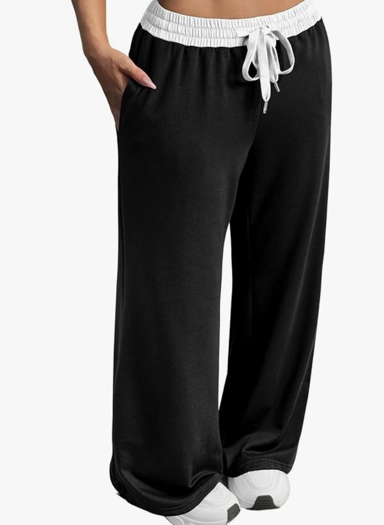 Women's Contrast Color Waistband Sweatpants Wide Leg Pants with Drawstring Buckle Size M