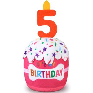 Dog 5th Birthday Cake Toy Accessories for Girl Boy Gifts, Pink Squeaky Plush Toy for Dog Birthday Party Decor Favor for Large, Medium and Small Dogs