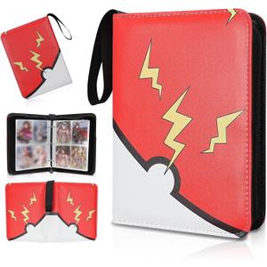Collectible Trading Card Albums,4 Pocket Card Binder, 400 Double Sided Pocket PU Premium Zip Trading Collection Binderwith 50 Removable Sleeves, Card Folder forTCG, Sports Cards (Red & Yellow)