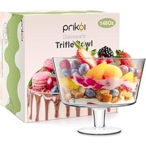 Prikoi 148oz Trifle Bowl with Pedestal, Modern Glass Round Party Dessert Display Stand for Ice Cream Cake, Salad, Fruit, and DIY, 2024 Thickened Version