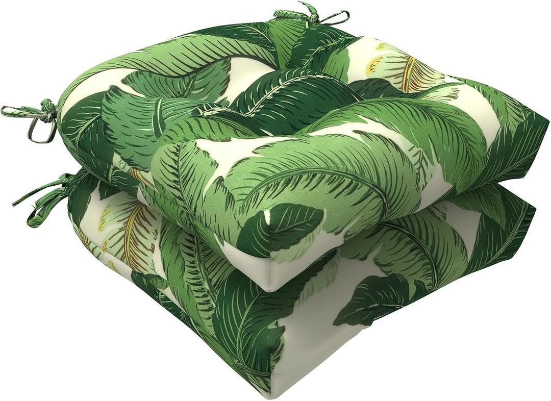 LVTXIII Outdoor Seat Cushions Seasonal Tufted Chair Cushions, Patio Chair Pads for Dining Chairs, Office Armchairs and Garden Furniture Decoration (Round Back, 19x19x4, Swaying Palms Green, 2 Pack)