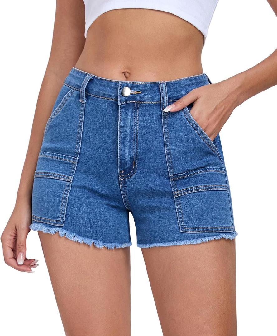 2026 Women's Stretchy Cargo Denim Shorts Mid Rise Jean Shorts Raw Hem Jorts with Pockets Short Jeans 3.5" Inseam (Blue, M)