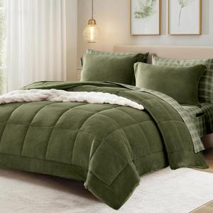 Plush Comforter Set Full Size Bed in a Bag 7 Pieces, Moss Green Flannel Velvet Comforter Sets with Sheets, Soft Warm Bedding Set with Comforter, Fitted&Flat Sheets, Pillowcases&Shams