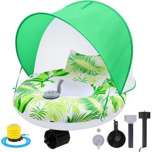Motorized Pool Float with Canopy for Adults, Electric Inflatable Pool Lounger with Motor, Floating Chair Tube with Pusher Handles, Cupholder, Foot Pump for Summer Party, Beach, Lake, Calm Water