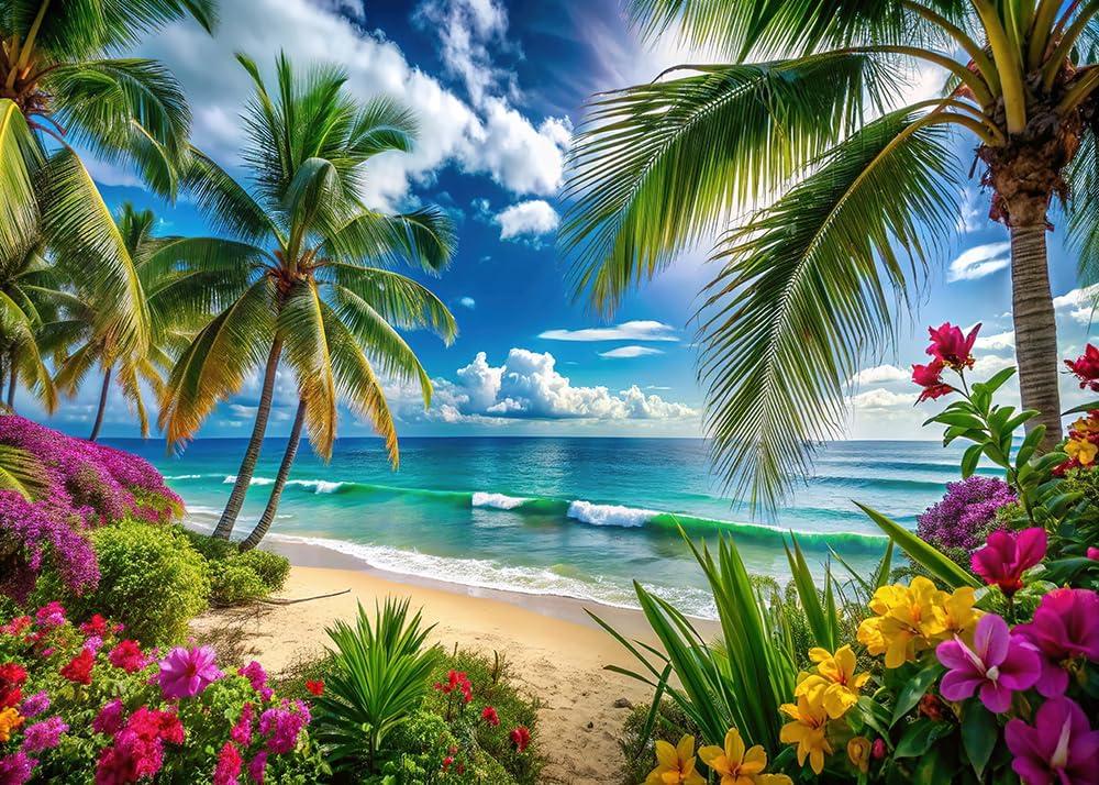Dudaacvt 7x5ft Summer Hawaiian Beach Photography Backdrop Tropical Flower Palm Leaves Background for Luau Aloha Party Decoration Banner Photo Booths