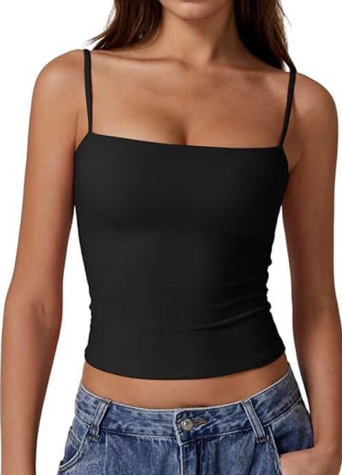 QINSEN Basic Cami Tank Top for Women Spaghetti Straps Sleeveless Double Lined Fashion T Shirt Tops Black XS