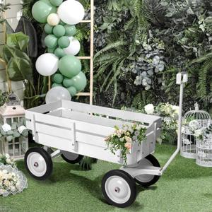 All-Terrain Cargo Wagon - White Flower Girl Wagon Pull Along with Removable Wooden Side Panels, Big Tires and Wide Grip Handle for Weddings, 33' L x 15.7' W x 19.6' H