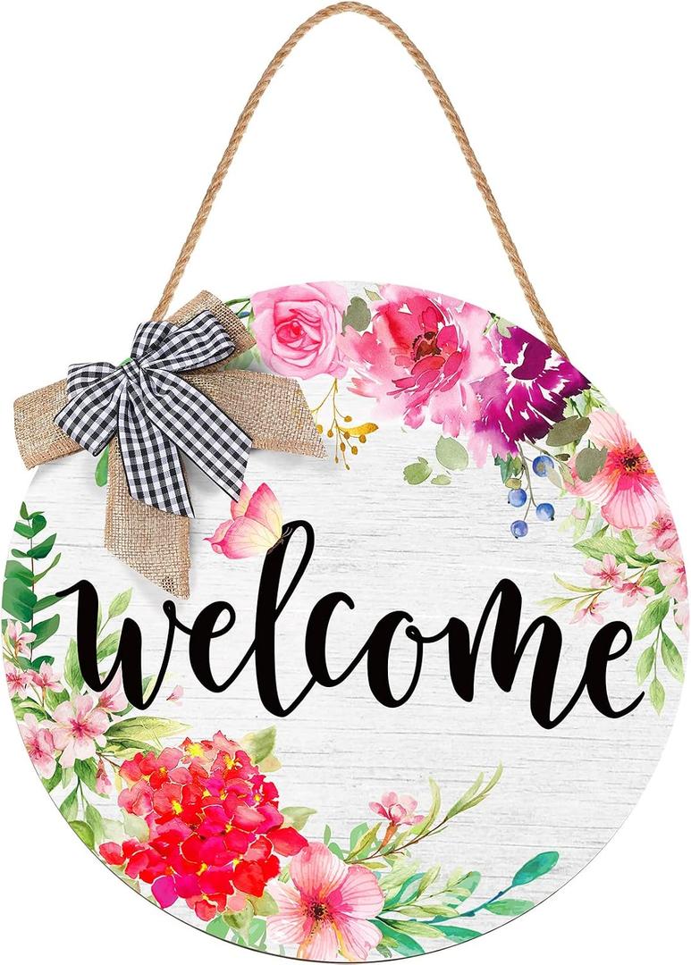 Yookeer Welcome Signs for Front Door Spring Decorations Farmhouse Wreaths Door Hanger Rustic Wooden Welcome Flower Hanging Wall Porch Indoor Home Decor for Spring Summer Seasons Holiday