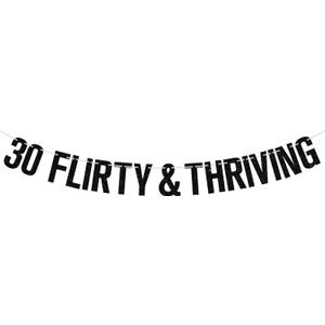30 Flirty & Thriving Banner, Cheers to 30 Years/30 & Fabulous Bunting Sign, Happy 30th Birthday Anniversary Party Decorations Supplies, Black Glitter