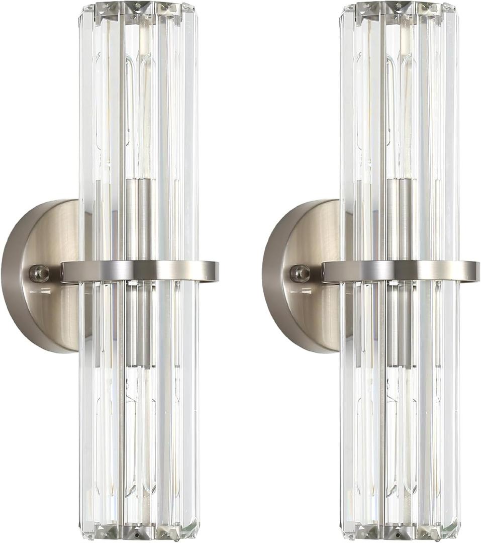 Crystal Wall Sconce Set of 2, Brushed Nickel Luxury Indoor Vanity Wall Lamp, 15.7-Inch Upper and lower illuminated Bathroom Light Fixtures, for Living Room, Bedroom, Bathroom, Hallway, Mirror, E26