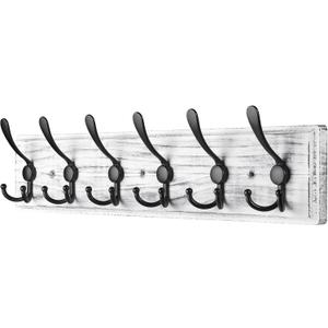 Coat Rack Wall Mount, Wooden Heavy Duty Coat Rack for Wall,6 Triple Coat Hanger Hooks for Hanging Coats,Jacket,Hat,Clothes (Grey White, 6 Hooks)
