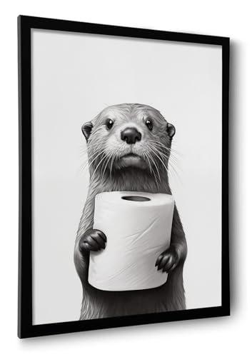 ILLBDR Bathroom Framed Wall Art Funny Bathroom Wall Art Black and White Print Humorous Minimalistic Canvas Artwork Otter Decor for Guest Toilet Framed 16"x24"