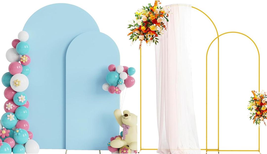 Putros Metal Arch Stand with Cover Set of 2 Dusty Blue Spandex Fitted Wedding Arch Cover and Round Top Chiara Backdrop Stand for Birthday Party Baby Shower Decoration 7.2FT, 6FT