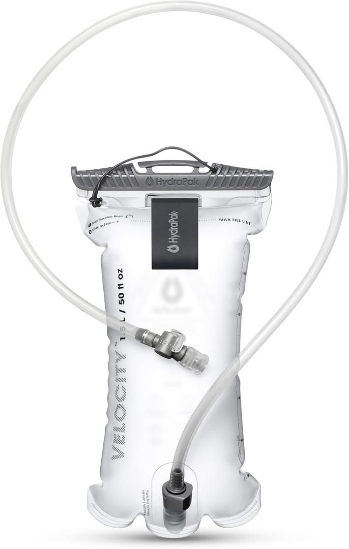 HydraPak Velocity Hydration Reservoir (1.5L, 2L, 3L), Ultralight Water Bladder, Self-Sealing Bite Valve, Leak Proof, Reversible, Dishwasher Safe