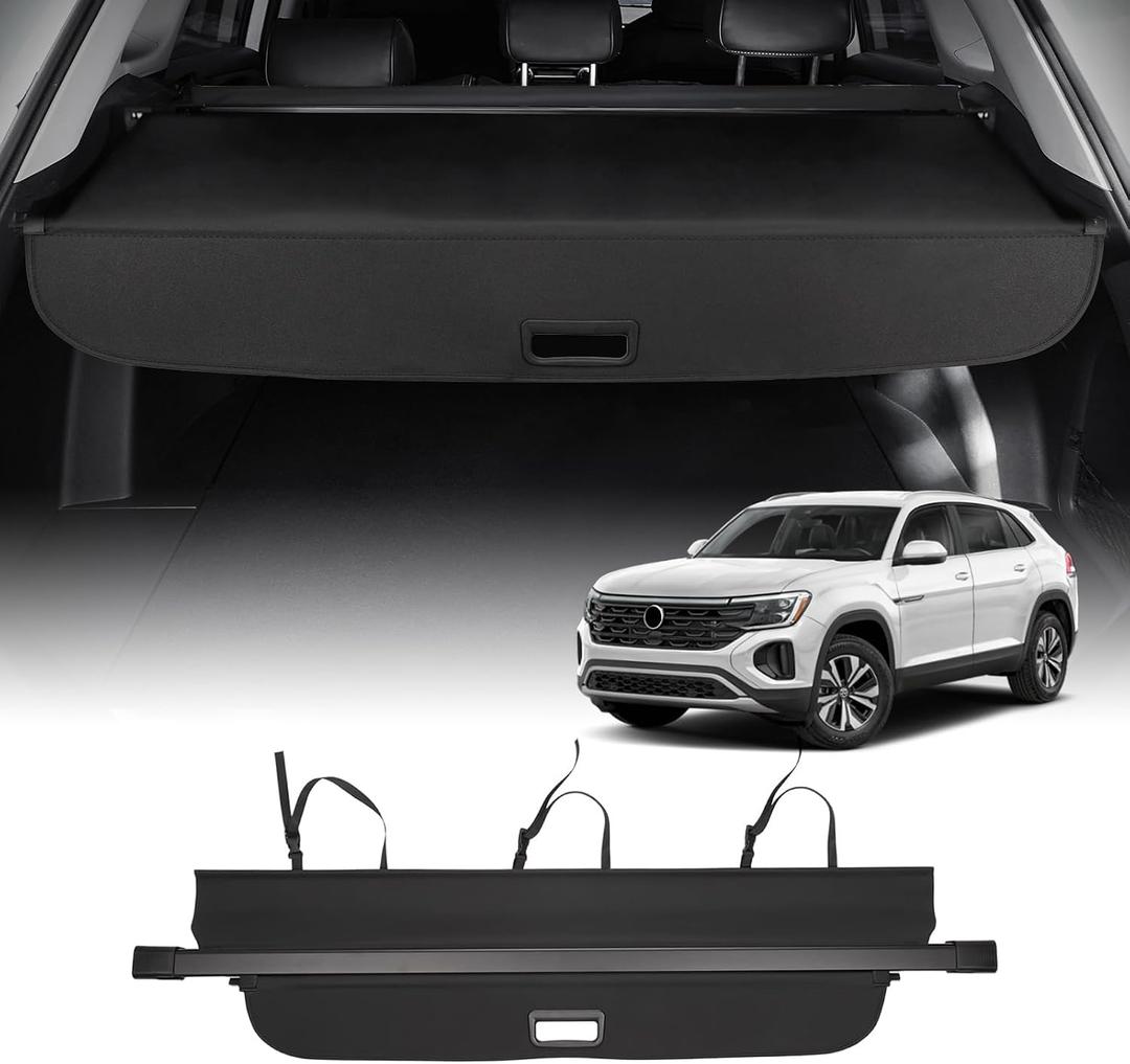 Powerty Retractable Cargo Cover for 2018-2024 VW Atlas(NOT for Cross Sport), Canvas Texture Trunk Cover Privacy Screen Rear Security Shade for Volkswagen Atlas Accessories(with Extented Cover)