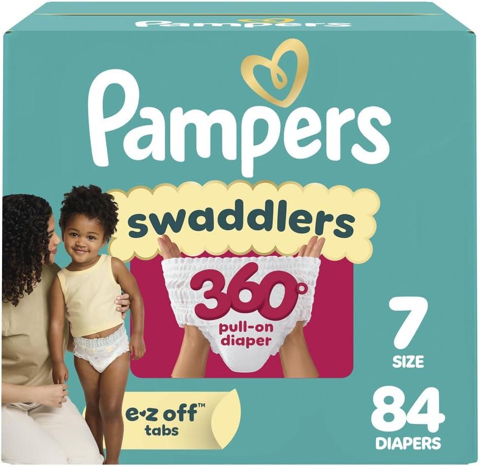 Pampers Diapers - Swaddlers 360° - Size 7, 84 Count, up to 100% Leakproof Comfy Dry Fit, Designed for Easy Changes, Pull On Baby Diaper