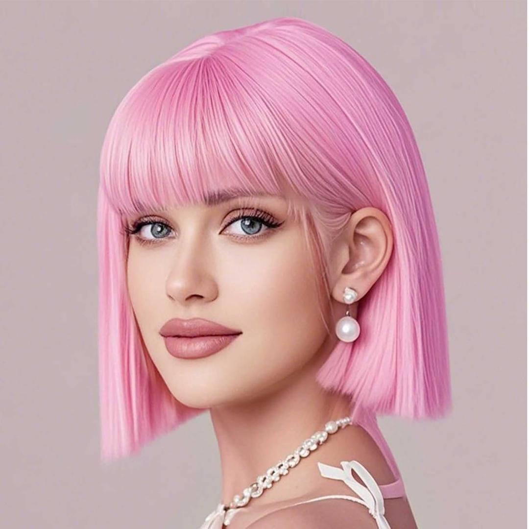 Pink Bob Wig With Bangs 12 Inch Short Bob wig for Women Short Bob Wigs Synthetic Fiber Bob Wigs and Halloween Cosplay Wig With One Cap (Pink)