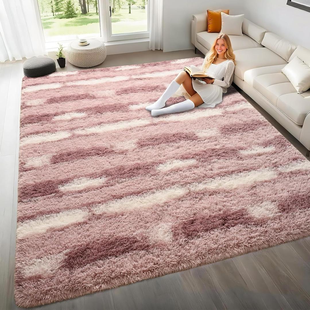 4x6 Feet Area Rugs for Living Room Bedroom,Pink and White Machine Washable Soft Fluffy Shaggy Indoor Rug, Floor Carpet for Girls Boys Kids, Dorms, Nursery Rooms, Home Decor Aesthetic