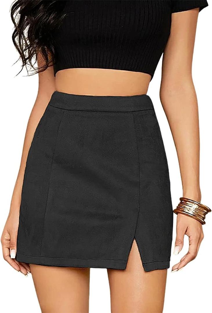 Women's High Waist Faux Suede Side Split Bodycon Short Mini Skirt (Medium, Black)