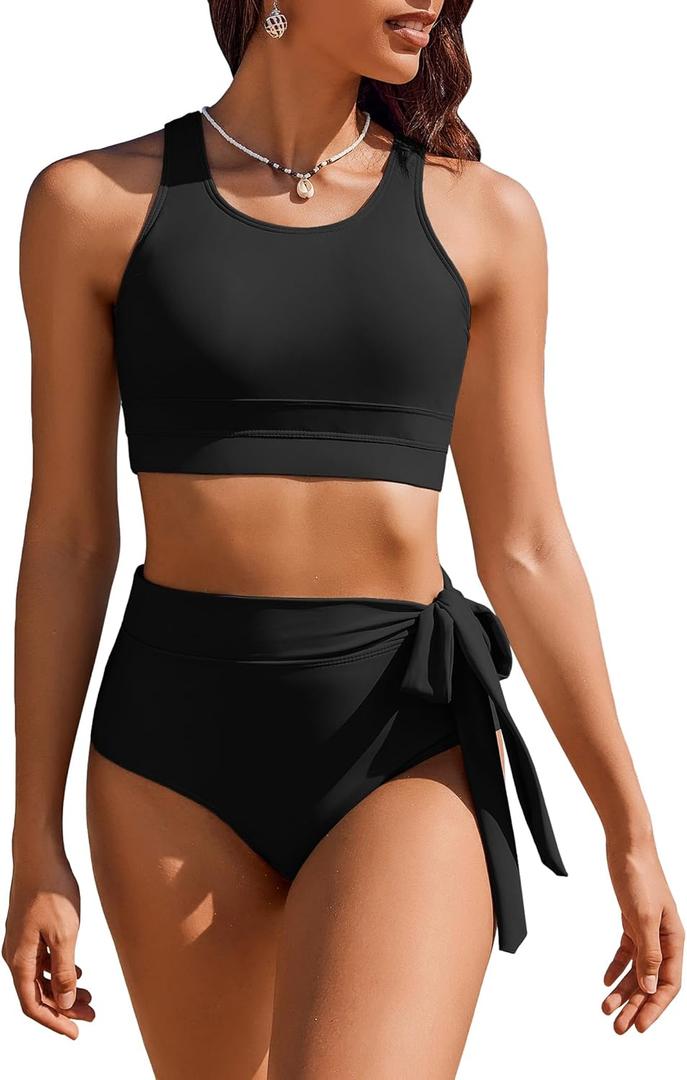 AI'MAGE Womens High Waisted Bikini Set Tummy Control 2 Piece Bathing Suit Modest Racerback Swimsuit 2025 with Tie Side Knot (Large, Black)