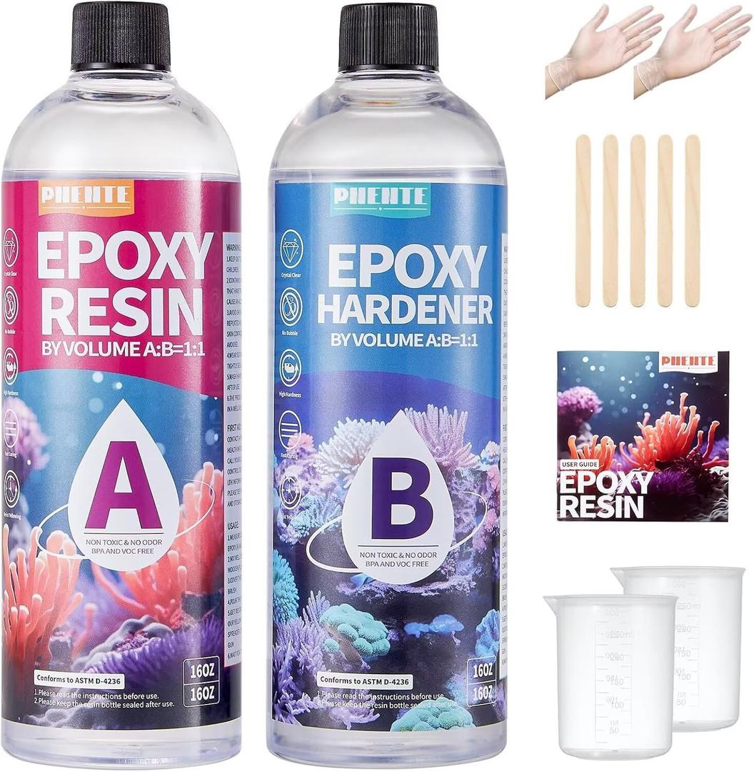 Pnente 32oz Epoxy Resin Kit – Self-Leveling, Zero Bubbles & 5-Year UV Guard for River Tables, Jewelry, Resin Art – Beginner-Friendly 1:1 Mix, Non-Toxic & Non-Yellowing (2X 16oz)