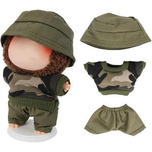 17cm Doll Clothes Set(No Doll), Trendy Camouflage Clothes Set with Hat, Dress up Accessories Kit, Come with 2 Pcs Auxiliary Standing Bracket for 17cm Dolls