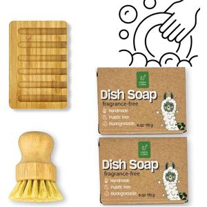 Green Llama Dish Washing Bar Soap Set with 2 Solid Coconut Oil Bars, Sisal Scrub Brush & Bamboo Holder, Fragrance-Free Kitchen Cleaning Set